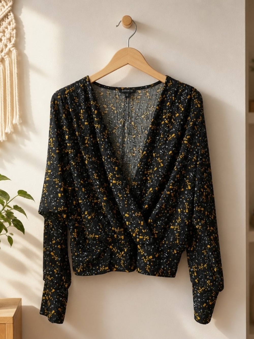 Dynamite Black Blouse with Mustard Floral Print